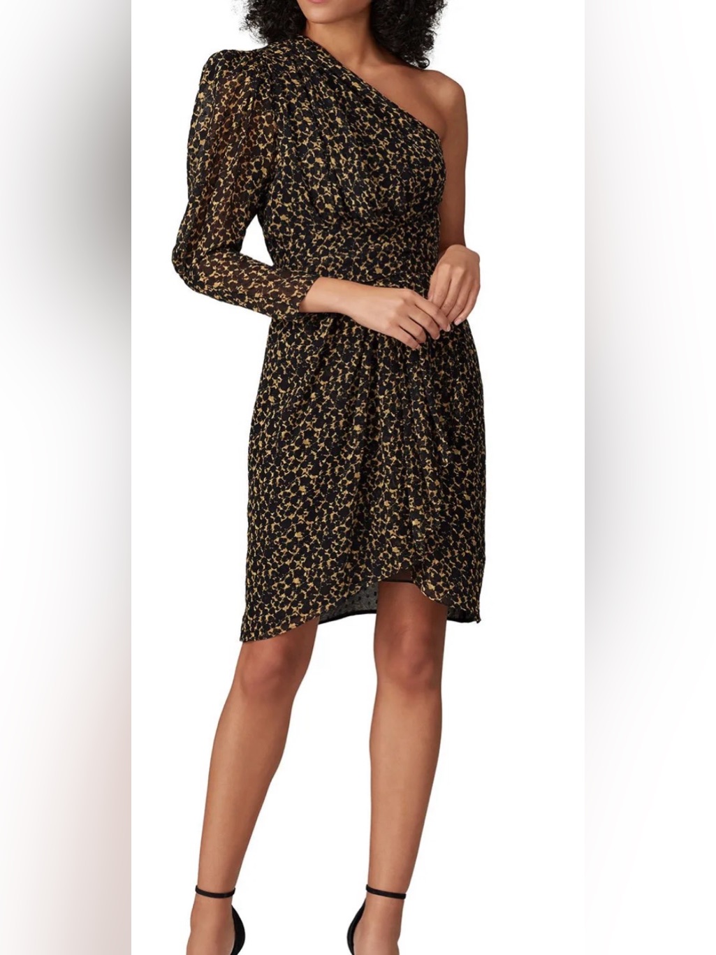 Iro - Morello One Sleeve Dress; One-Shoulder Black And Gold Printed Dress